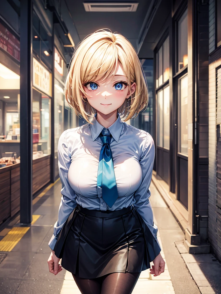 Anime style, super fine illustration, highly detailed, beautiful detailed, perfect detailed, super high quality image, static representation, gentle expression, happy expression, the pretty image, super stylish, 8k, beautiful face, handsome face, perfect & pretty 1girl with blonde straight short hair & blue eyes & a bright smile & full bust & soft fair skin is a career woman supervisor who is not to show her skin wearing big light blue business shirt & black summer tailored jacket & black tight skirt & black pantyhose on the urban business buildings street, in the morning, solo, perfect fingers, no more fingers, no less fingers, perfect arms, no more arms, perfect legs, no more legs, no more hair, masterpiece.