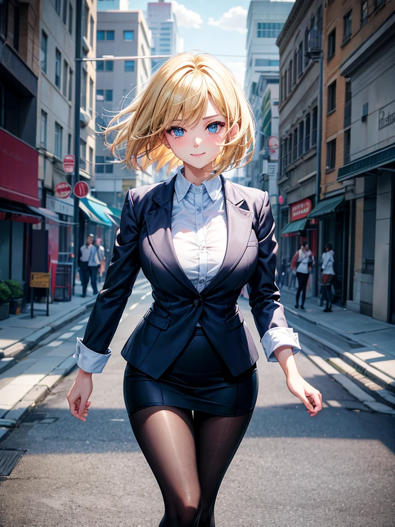 Anime style, super fine illustration, highly detailed, beautiful detailed, perfect detailed, super high quality image, static representation, gentle expression, happy expression, the pretty image, super stylish, 8k, beautiful face, handsome face, perfect & pretty 1girl with blonde straight short hair & blue eyes & a bright smile & full bust & soft fair skin is a career woman supervisor who is not to show her skin wearing big light blue business shirt & black summer tailored jacket & black tight skirt & black pantyhose on the urban business buildings street, in the morning, solo, perfect fingers, no more fingers, no less fingers, perfect arms, no more arms, perfect legs, no more legs, no more hair, masterpiece.