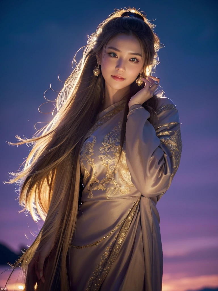  woman with hair flowing long ponytail beige hair,wearing ornate hair scrunchie, voluptuous, standing looking at viewer, head tilt, adjusting her hair,  hair over one eye, seductive smile,    , outdoors, scenery,  expressive eyes, reflective and emotional gaze, detailed background with aurora borealis, purple and blue tones, highly detailed, atmospheric, strong wind, dim lighting, finger to own chin, cheerful expression  


cinematic lighting, extremely intricate detail character, accurate depiction of character, correct body anatomy, correct hands and fingers, extremely intricate skin and facial texture detail, design,lifelike potrayal, extrememly realistic lighting, extreme dynamic pose, sfw, fully clothes, sharp background detail, wide shot










