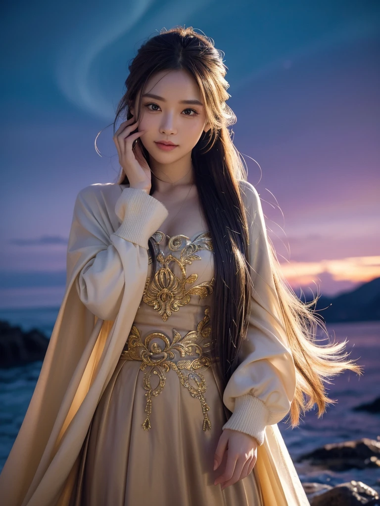 woman with hair flowing long ponytail beige hair,wearing ornate hair scrunchie, voluptuous, standing looking at viewer, head tilt, adjusting her hair, hair over one eye, seductive smile, , outdoors, scenery, expressive eyes, reflective and emotional gaze, detailed background with aurora borealis, purple and blue tones, highly detailed, atmospheric, strong wind, dim lighting, finger to own chin, cheerful expression
cinematic lighting, extremely intricate detail character, accurate depiction of character, correct body anatomy, correct hands and fingers, extremely intricate skin and facial texture detail, design,lifelike potrayal, extrememly realistic lighting, extreme dynamic pose, sfw, fully clothes, sharp background detail, wide shot