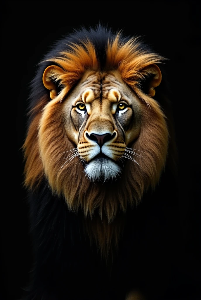 face of a imposing lion with large mane on black background
