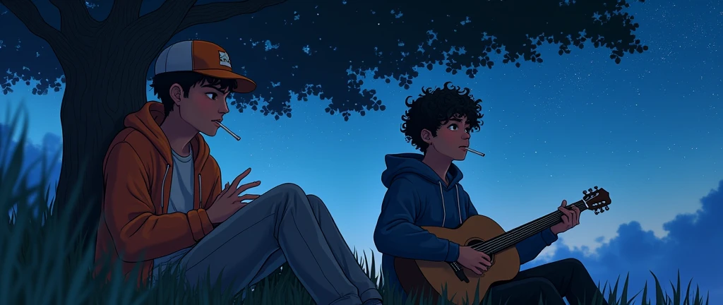Two young men in hoodies smoking under a tree watching the stars, one wearing a cap and the other with curly hair playing the guitar 