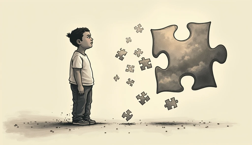 As more pieces fall into place, the puzzle turns into a beautiful picture, representing the transformation of someone's life, Illustration drawing stoicism