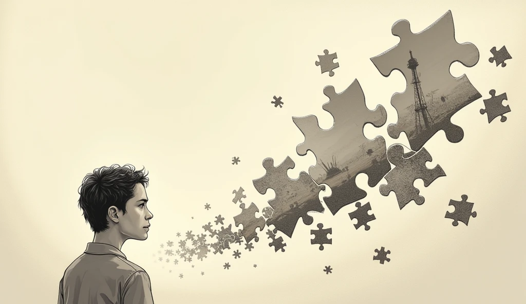 As more pieces fall into place, the puzzle turns into a beautiful picture, representing the transformation of someone's life, Illustration drawing stoicism