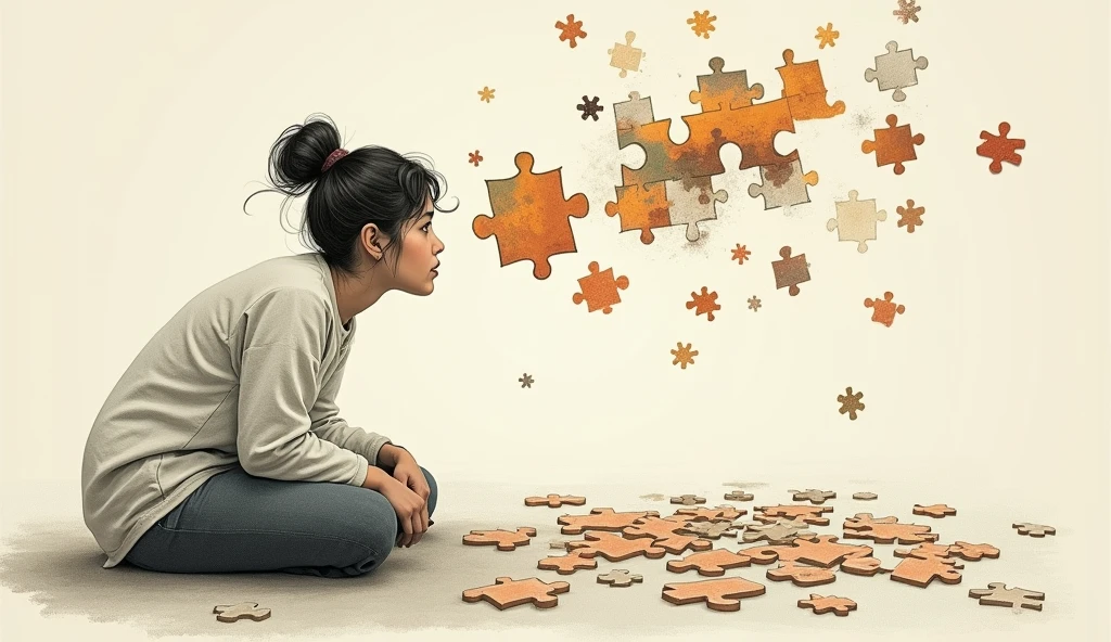 As more pieces fall into place, the puzzle turns into a beautiful picture, representing the transformation of someone's life, Illustration drawing stoicism
