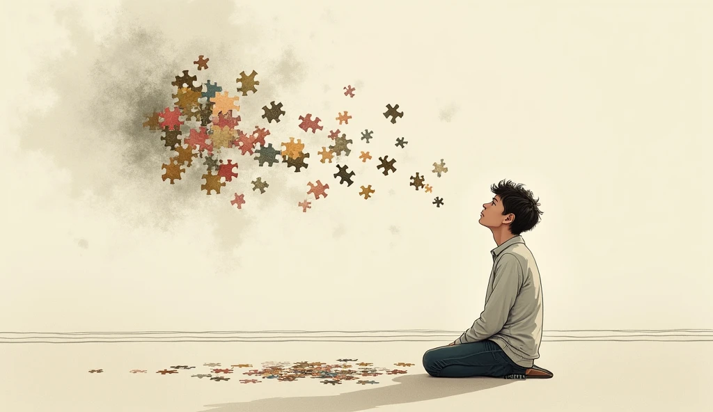 As more pieces fall into place, the puzzle turns into a beautiful picture, representing the transformation of someone&#39;s life, Illustration drawing stoicism
