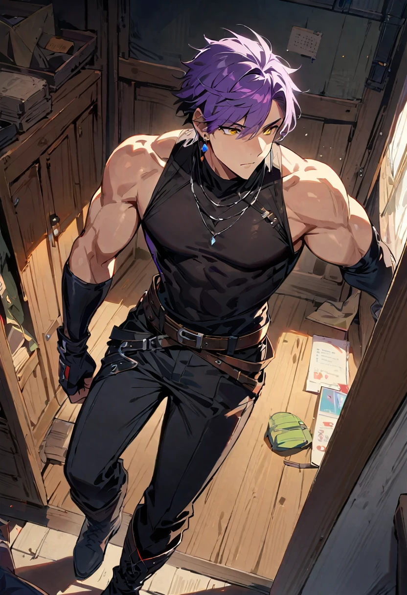 masterpiece, best quality,1 boy, male focus, shirt, alone, Gloves, sleeveless shirt, purple hair, yellow eyes, sleeveless, ahog, black shirt, Bangs, black Gloves, indoors, refuge, fingerless Gloves, black trousers, trousers, swept Bangs, boots, bare shoulders, short hair, elbow Gloves, muscle, jewelry, earrings, wearing jewelry 