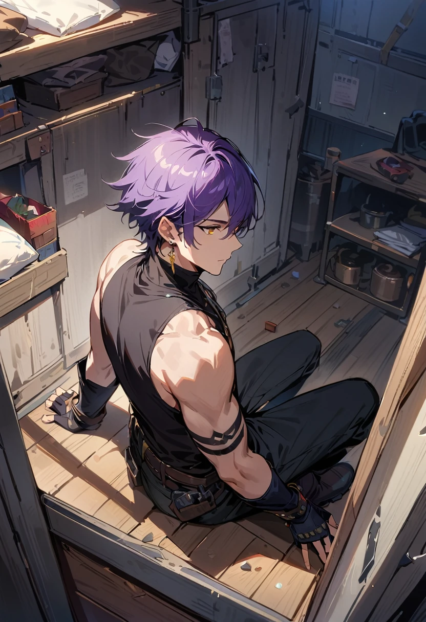 masterpiece, best quality,1 boy, male focus, shirt, alone, Gloves, sleeveless shirt, purple hair, yellow eyes, sleeveless, ahog, black shirt, Bangs, black Gloves, indoors, refuge, fingerless Gloves, black trousers, trousers, swept Bangs, boots, bare shoulders, short hair, elbow Gloves, muscle, jewelry, earrings, wearing jewelry 