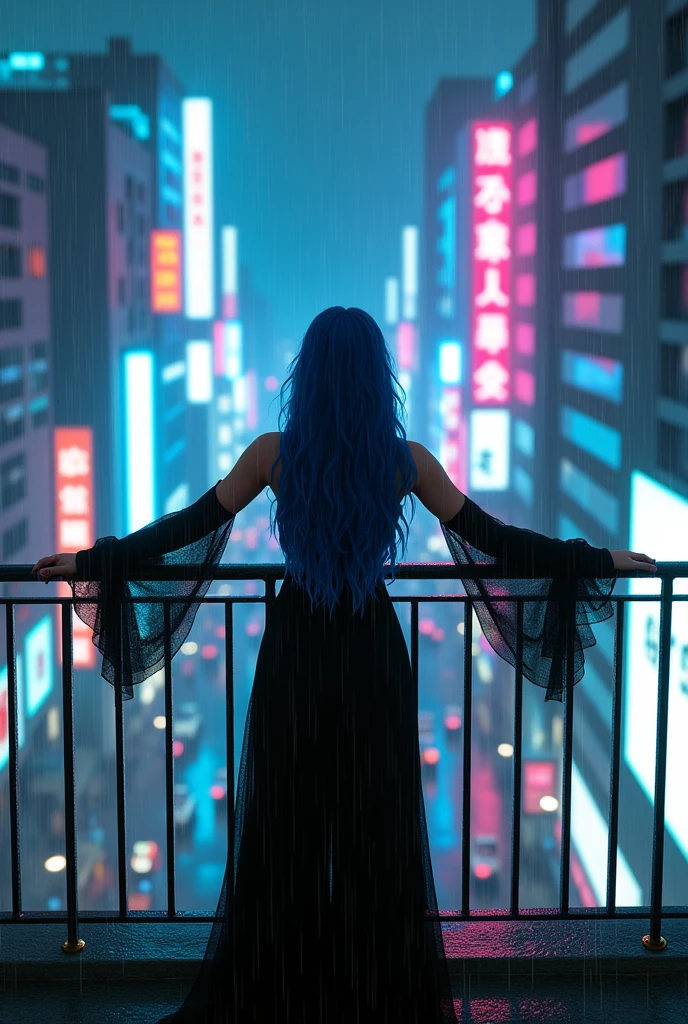 A realistic image of a building's terrace at night, seen from above, with several taller buildings nearby making up the background, illuminated by colorful neon signs and billboards., It's raining and right in the center of the terrace at the top of the building a woman wearing a black gothic dress with long blue hair and smudged makeup due to the rain is standing with her arms open looking up feeling the rain on her face.