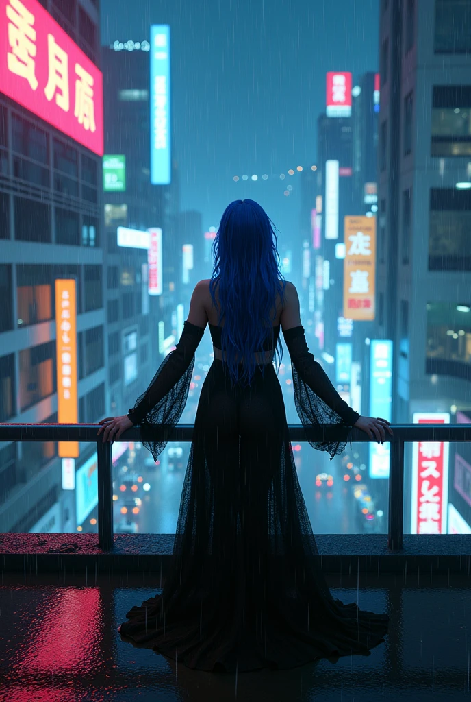 A realistic image of a building&#39;s terrace at night, seen from above, with several taller buildings nearby making up the background, illuminated by colorful neon signs and billboards., It&#39;s raining and right in the center of the terrace at the top of the building a woman wearing a black gothic dress with long blue hair and smudged makeup due to the rain is standing with her arms open looking up feeling the rain on her face.