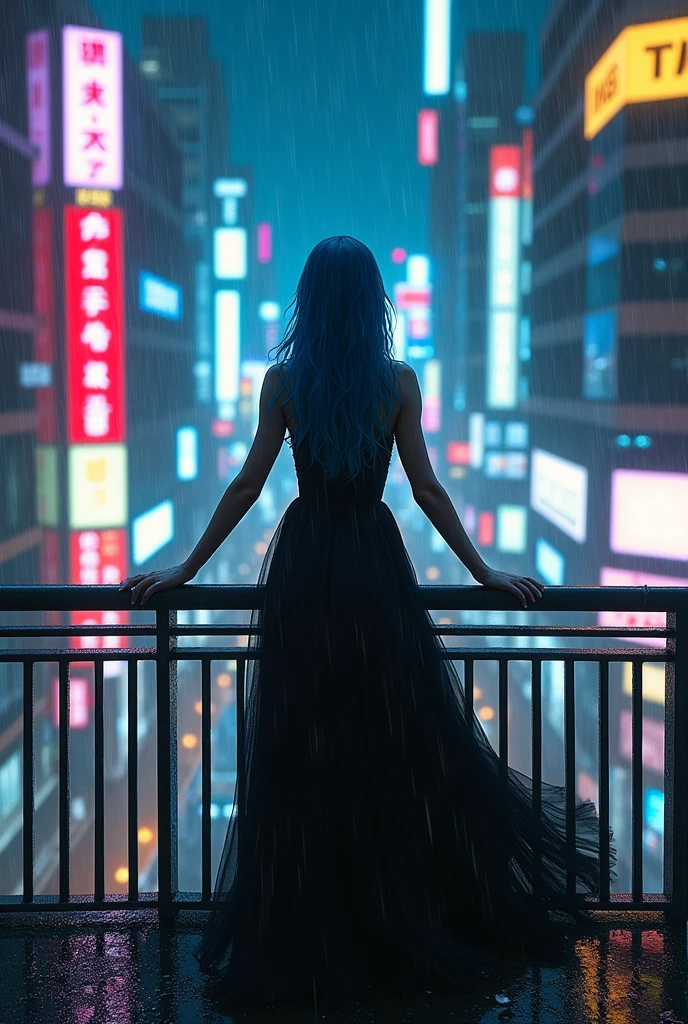A realistic image of a building&#39;s terrace at night, seen from above, with several taller buildings nearby making up the background, illuminated by colorful neon signs and billboards., It&#39;s raining and right in the center of the terrace at the top of the building a woman wearing a black gothic dress with long blue hair and smudged makeup due to the rain is standing with her arms open looking up feeling the rain on her face.