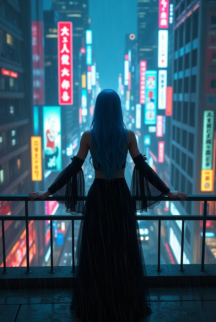 A realistic image of a building's terrace at night, seen from above, with several taller buildings nearby making up the background, illuminated by colorful neon signs and billboards., It's raining and right in the center of the terrace at the top of the building a woman wearing a black gothic dress with long blue hair and smudged makeup due to the rain is standing with her arms open looking up feeling the rain on her face.
