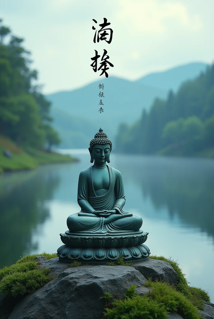 Create an image of a statue of Buddha sitting in front of a lake and a green landscape with a Buddha matra written next to it in Japanese typography, with a blueish lighting and film image processing for the wallpaper on my cell phone