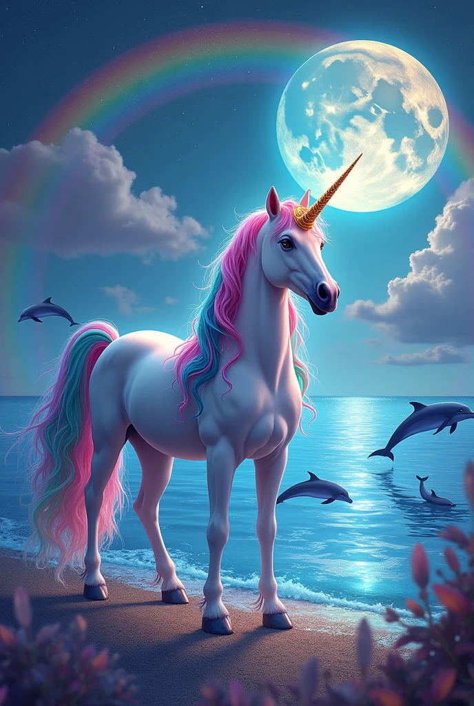 Unicorn with colorful hair and a crown on its head in a sea with dolphins and a lunar eclipse and lots of glitter and a rainbow