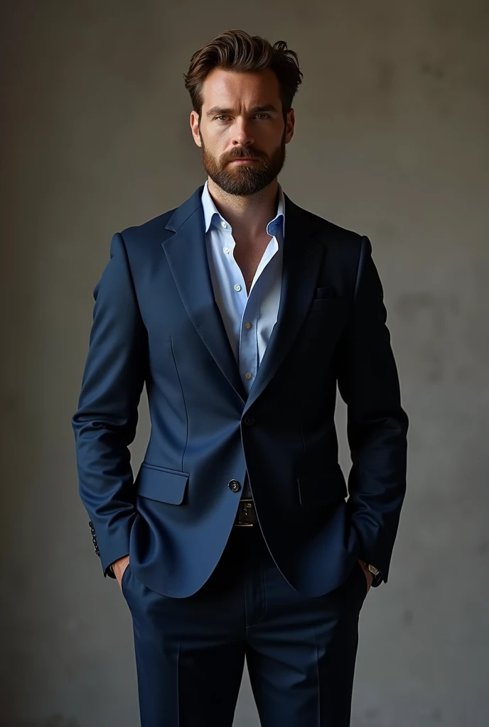 man wearing Neapolitan style wool hopsack navy suit, peak lapels, single breast, tailored