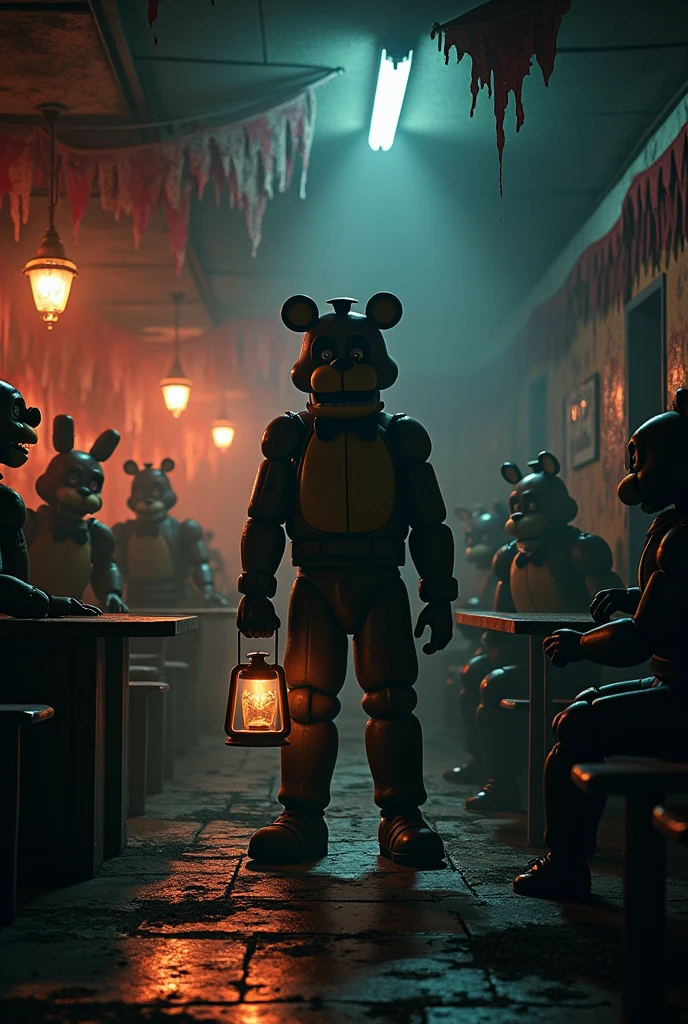 Abandoned pizzeria with scary animal animatronics inspired by the game Five Nights at Freddy&#39;s with little lighting in the room, first person perspective, a night guard holding a lantern,