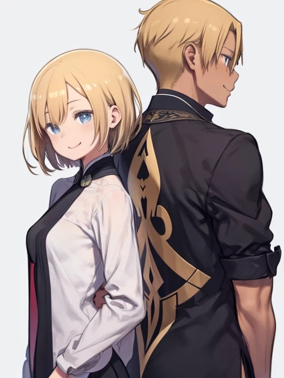 Male and Female、A short-haired black man and a busty woman with long blonde hair、Back to Back、Stick your back together、Smiling、Simple white background、