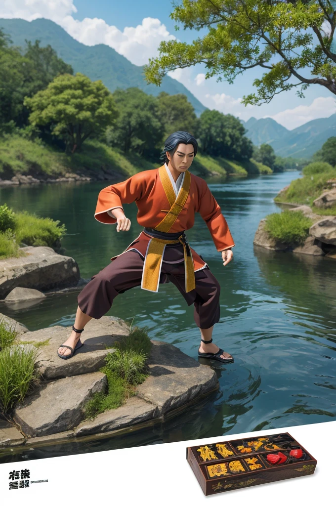 
Here is the illustration of a model kit depicting a scene of Kung Fu training by a riverbank. The details include a dynamic pose, traditional attire, and an unassembled view with various parts and accessories. Let me know if you need any adjustments or further details!