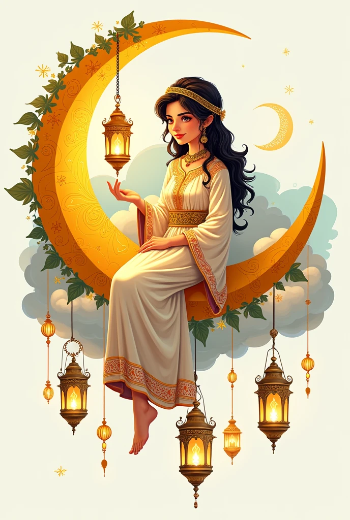 Cartoon vector drawing of colorful line art, create a logo of a yellow crescent moon decorated with Ramadan ornaments, sitting on it a beautiful girl wearing an Arabic dress decorated with Arabic ornaments and holding a lit Ramadan lantern in her hand, below the crescent there are clouds and a drawing of lantern characters, high-detail vector drawing