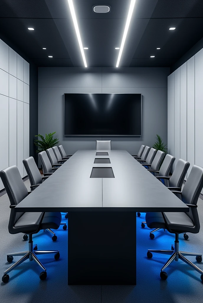 Office with 10-seat conference table in grey with white cabinets and blue lighting below, Grey and black walls and two televisions in front of the table 