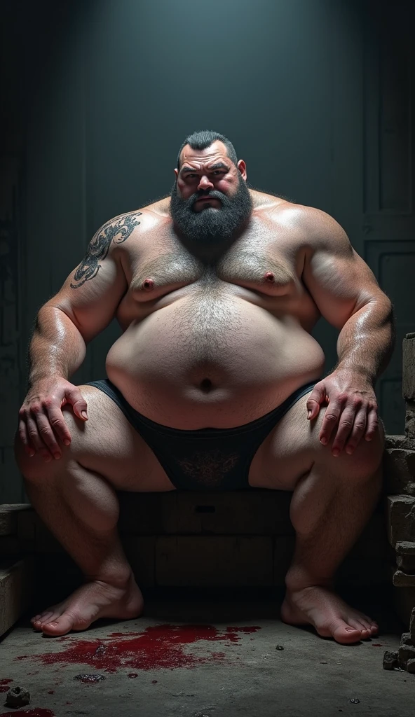 god standing ,standig split leg , chubby, hairy, hairy belly, Holding your big belly, high resolution, ultra-detailed, sharp focus, detailed eyes, symmetrical eyes, expressive eyes, clear pupils, focused gaze , king's expression is intimidating with a sense of authority, solo, masterpiece, best quality, male, mature, manly, detailed nipples, detailed navel, photorealistic, 8k, (wide dynamic range, hdr:1.2), sitting, (night:1.2), light, looking at viewer, pose, fitted underwear with a very large, realistic bulge at the front, emphasizing the natural shape, detailed fabric texture, soft shadows highlighting the contours, emphasizing the natural shape, detailed fabric texture, Blood, soft shadows highlighting the contours ,full body, leaning back, very short fur, detailed skin texture, high contrast lighting, feet