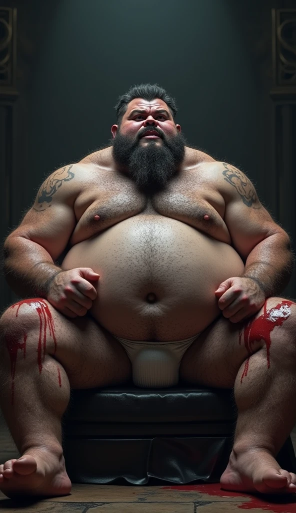 god standing ,standig split leg , chubby, hairy, hairy belly, Holding your big belly, high resolution, ultra-detailed, sharp focus, detailed eyes, symmetrical eyes, expressive eyes, clear pupils, focused gaze , king's expression is intimidating with a sense of authority, solo, masterpiece, best quality, male, mature, manly, detailed nipples, detailed navel, photorealistic, 8k, (wide dynamic range, hdr:1.2), sitting, (night:1.2), light, looking at viewer, pose, fitted underwear with a very large, realistic bulge at the front, emphasizing the natural shape, detailed fabric texture, soft shadows highlighting the contours, emphasizing the natural shape, detailed fabric texture, Blood, soft shadows highlighting the contours ,full body, leaning back, very short fur, detailed skin texture, high contrast lighting, feet