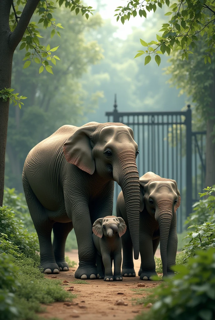 Elephant couple with in zoo, greenary, big iron wall trees