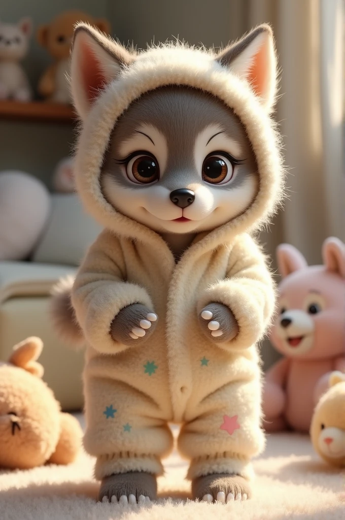 A wolf in baby clothes 