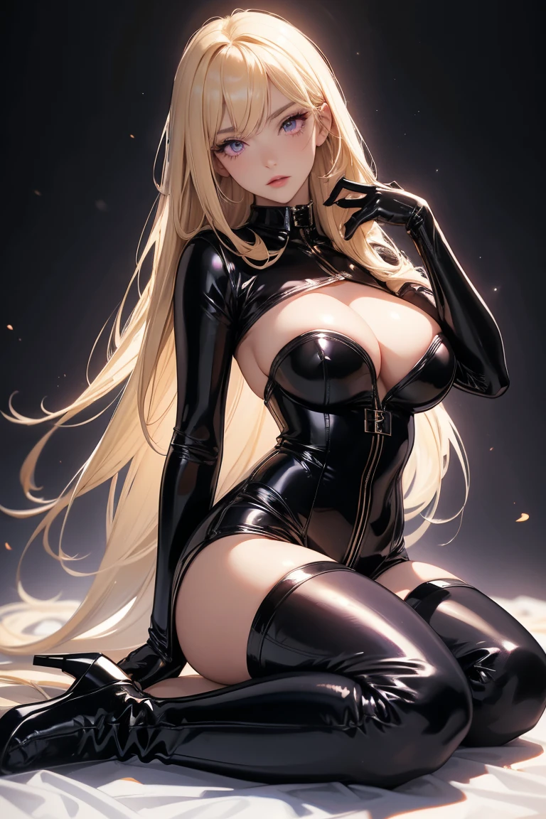 black latex corset, masterpiece, best quality, high resolution, 1 girl, Super high resolution, alone, stockings, purple eyes, , long hair, hair color black, blonde streaks in hair, Bangs, latex gloves, high heeled boots black latex, dominatrix, perky breasts, curvy, tall woman