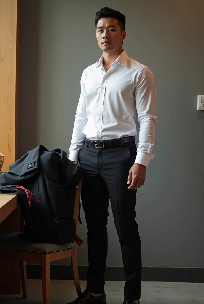 He was tall, more or less 1,80. He is of Asian origin, not only by the last name, but by its appearance. He wore a white, slightly transparent, long-sleeved dress shirt.. And his physique was well defined. You could see from his tight shirt that it highlighted his chest and all his muscles., that left me hypnotized. His shirt ended inside a pair of black dress pants that showed off his butt and thighs.. His belt was made of black leather, matching his shoes..
He placed his black blazer open at the back of the chair and his black backpack with red details, on the table.
He was very handsome. His jaw was marked, your face is all symmetrical. He was all handsome.