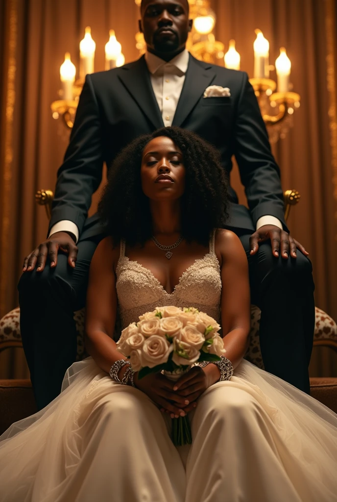 A beautiful, curvaceous african woman in a wedding dress, seated with chains around her wrists, holding a bouquet of flowers. She appears confident and stunning, with a healthy and few plump fifigure. Behind her stands a tall, imposing man in a suit, exuding a mysterious aura. The background is elegant, with warm lighting that highlights the luxury and drama of the scene, beautiful realistic photography 