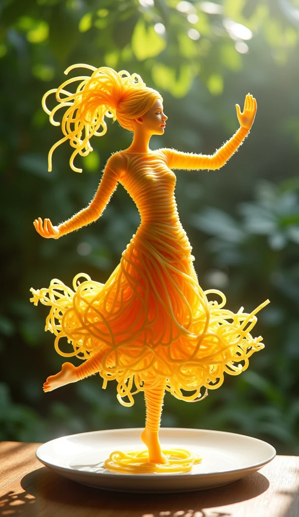 Woman composed of neatly arranged spaghetti noodles. Balanced in a carefree dance on a shiny white plate placed on a table. The background is a vibrant garden where diffused sunlight filters in and casts complex shadows