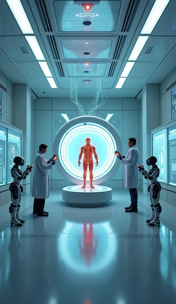 A man undergoing treatment in a highly futuristic hospital room. The room is large and equipped with four advanced sci-fi devices, including a central cylindrical device that encases the man, scanning his glowing, pulsating veins. Surrounding the man are four doctors, each utilizing high-tech, glowing handheld devices and interacting with robotic assistants. The robots assist by moving around the room, carrying tools and analyzing data. The walls are covered with holographic displays showing real-time diagnostics and interactive controls. The ceiling features dynamic, illuminated panels casting a soft, ambient light, enhancing the futuristic and sterile environment. The scene is both sleek and immersive, emphasizing advanced technology and a science fiction aesthetic