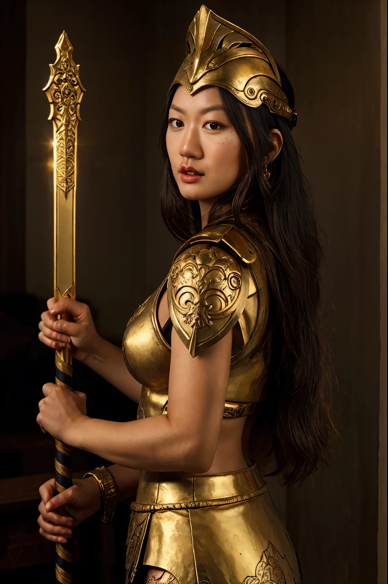 beautiful muscular antique greek spartan warrior asian girl, detailed face with piercing eyes, flowing dark hair, wearing ornate spartan helmet with ornate gold and bronze details, wearing detailed spartan battle armor with intricate gold and bronze designs, holding a golden sword, dramatic lighting, cinematic angle, highly detailed, photorealistic, 8k, masterpiece