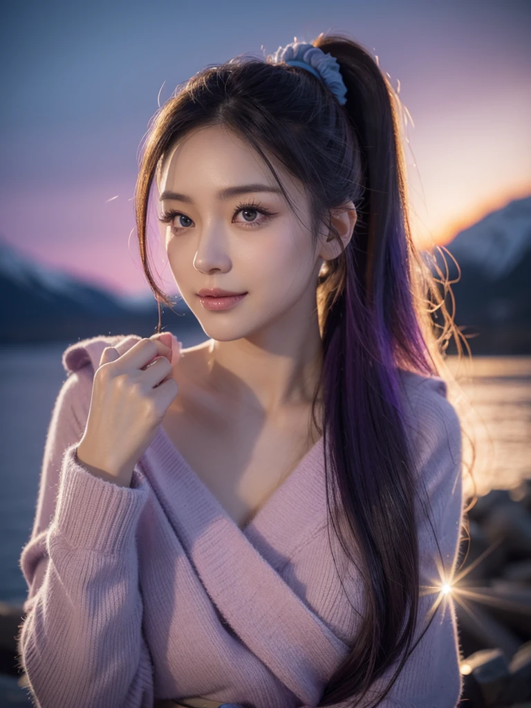 A woman with long flowing hair in a ponytail, beige in color, wearing an ornate hair scrunchie, voluptuous figure, standing and looking directly at the viewer with a head tilt, adjusting her hair with one hand, hair falling over one eye, seductive smile, outdoors in a scenic environment, expressive eyes with a reflective and emotional gaze, detailed background with aurora borealis, purple and blue color tones, highly detailed and atmospheric, strong wind, dim lighting, finger resting on chin, cheerful expression, cinematic lighting, extremely intricate and detailed character, accurate depiction of anatomy, extremely realistic skin and facial texture, lifelike portrayal, extremely realistic lighting, extreme dynamic pose, fully clothed, sharp background detail, wide shot