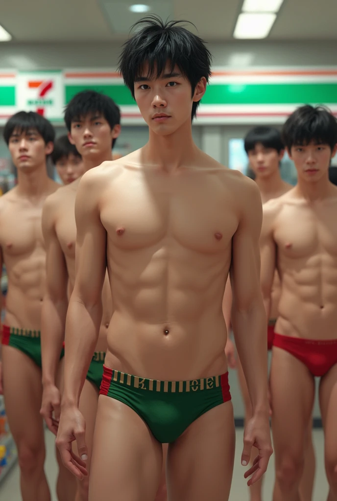 Realistic、beautiful、A large group of young Japanese men、Small, thin bikini-style swimming trunks with green and red stripes、A very small boomerang-type swimsuit with a low rise、Huge bulge in the crotch、Inside the Seven-Eleven store