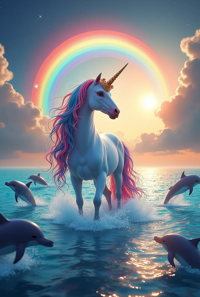 Unicorn with colorful hair and a crown on its head in a sea with dolphins and a solar eclipse and lots of glitter and a rainbow