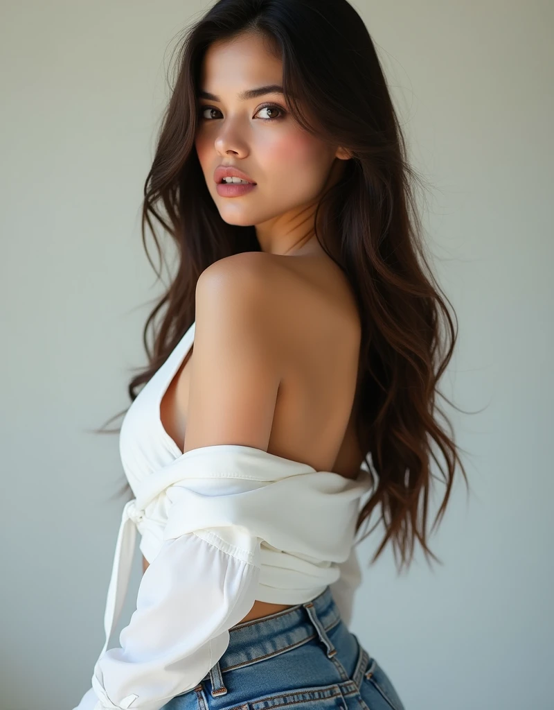 1girl, shorts, ass, solo, dark brown_hair, looking_back, long_hair, blue_eyes, realistic, from_behind, looking_at_viewer, short_shorts, multicolored_hair, shirt, off_shoulder, pink_shorts, denim, back, bare_shoulders, parted_lips, denim_shorts, white_shirt, standing, huge smile,large breasti large boobs,g30 , she is name ahu 20 years old (brunette) ,(tall woman),(long legs),single woman, chest 80 waist 60 hip 80 , G30, tall woman, sexy pose, ultrarealistic, , giving a sexy look, huge smiling , .RAW, Nikon Z 85mm, award-winning glamor photography, ((best quality)), ((masterpiece)), ((realistic)), (long brunette hair), hazel eyes,intricate details, highly detailed, sharp focus, professional, 4k, stunning hazel eyes, delicate, innocent, high resolution, detailed facial features, sharp focus, soft , aesthetic, extremely detailed, photo_\(ultra\), photorealistic, realistic, post-processing, maximum detail, real life, ultra-realistic, photorealism, photography, 8k uhd, photography, russian face