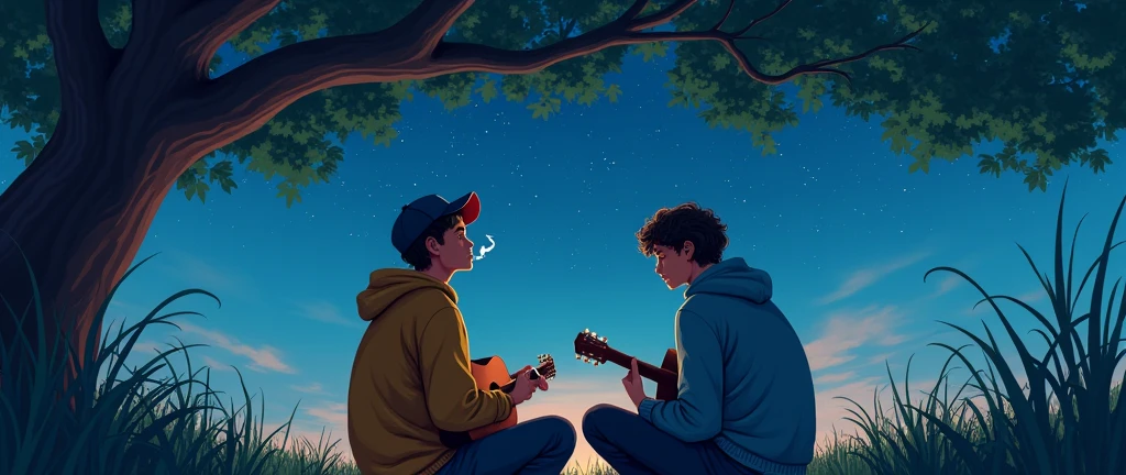 Two young men in sweatshirts under a tree looking at the stars, one wearing a cap smoking and the other with curly hair playing the guitar