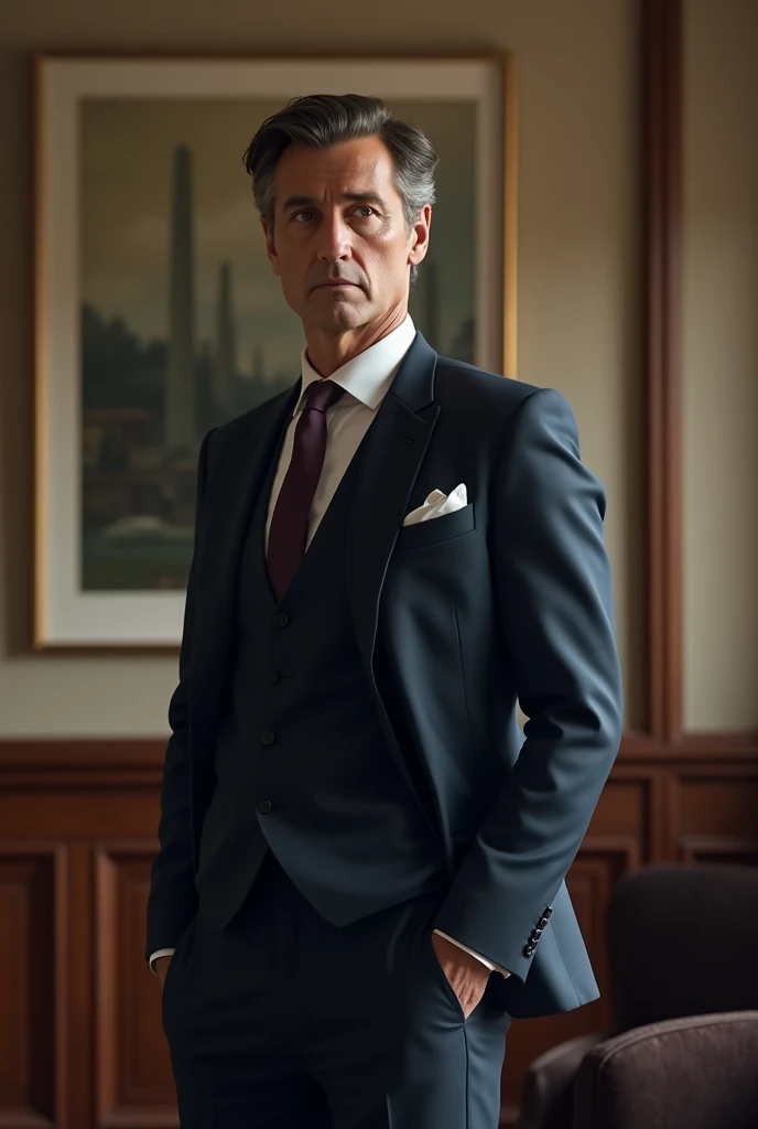 a man wearing a Neapolitan style wool hopsack navy suit, peak lapels, single breast, tailored, handsome middle-aged man, thoughtful expression, standing in a classic office interior, natural lighting, minimalist decor, warm tones, photorealistic, cinematic lighting, intricate details, sharp focus, high resolution