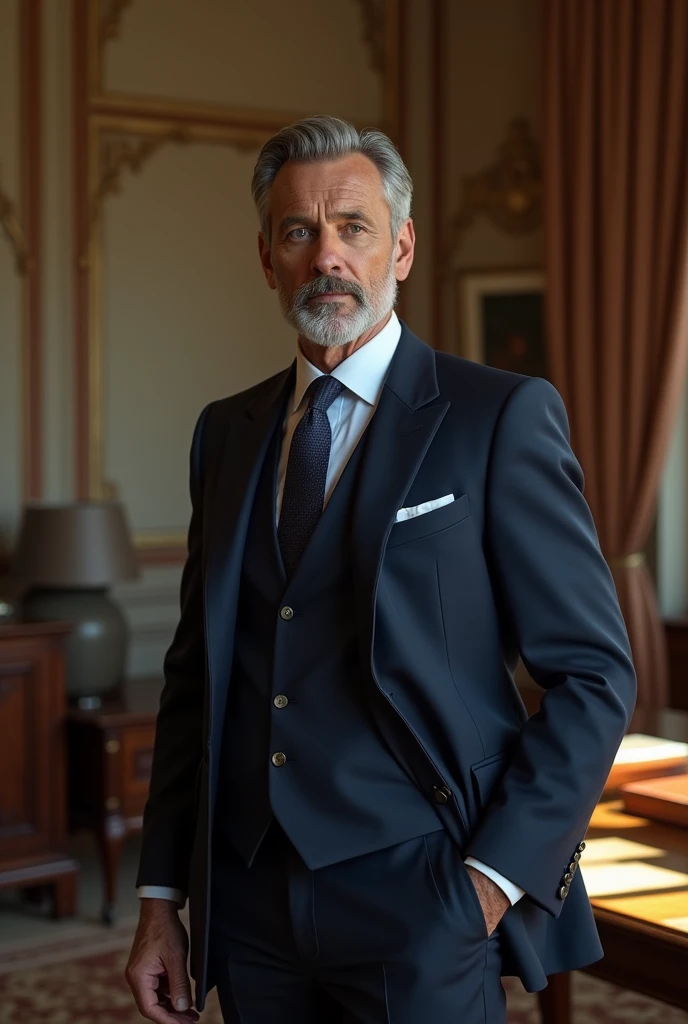 a man wearing a Neapolitan style wool hopsack navy suit, peak lapels, single breast, tailored, handsome middle-aged man, thoughtful expression, standing in a classic office interior, natural lighting, minimalist decor, warm tones, photorealistic, cinematic lighting, intricate details, sharp focus, high resolution