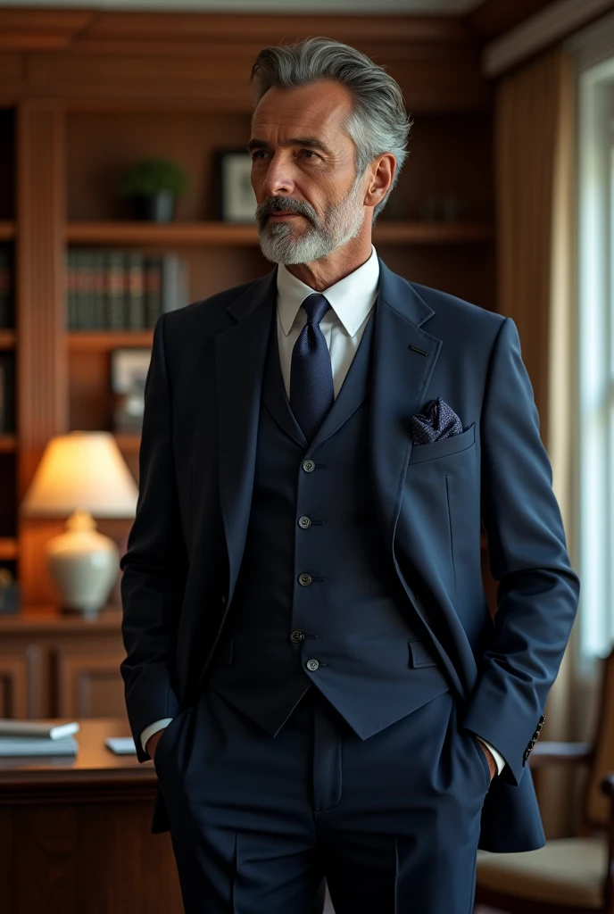 a man wearing a Neapolitan style wool hopsack navy suit, peak lapels, single breast, tailored, handsome middle-aged man, thoughtful expression, standing in a classic office interior, natural lighting, minimalist decor, warm tones, photorealistic, cinematic lighting, intricate details, sharp focus, high resolution
