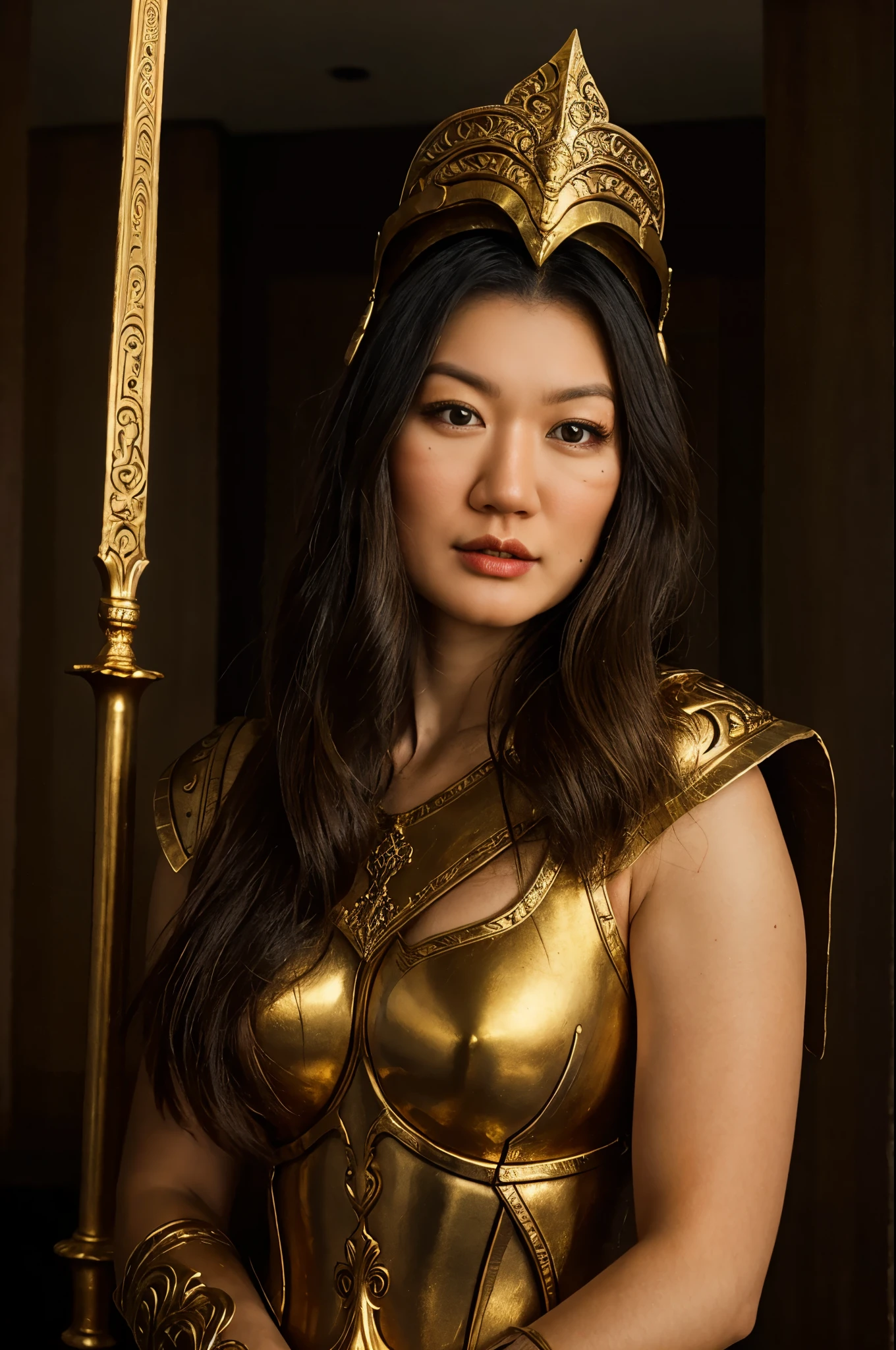 beautiful muscular antique greek spartan warrior asian girl, detailed face with piercing eyes, flowing dark hair, wearing ornate spartan helmet with ornate gold and bronze details, wearing detailed spartan battle armor with intricate gold and bronze designs, holding a golden sword, dramatic lighting, cinematic angle, highly detailed, photorealistic, 8k, masterpiece
