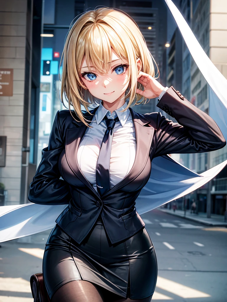 Anime style, super fine illustration, highly detailed, beautiful detailed, perfect detailed, super high quality image, static representation, gentle expression, happy expression, the pretty image, super stylish, 8k, beautiful face, handsome face, perfect & pretty 1girl with blonde straight short hair & blue eyes & a bright smile & full bust & soft fair skin is a career woman supervisor who is not to show her skin wearing big light blue business shirt & black summer tailored jacket & black tight skirt & black pantyhose on the urban business buildings street, in the morning, solo, perfect fingers, no more fingers, no less fingers, perfect arms, no more arms, perfect legs, no more legs, no more hair, masterpiece.