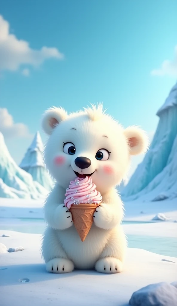 Un ours polaire mignon qui mange une glace version sur la banquise version animé
