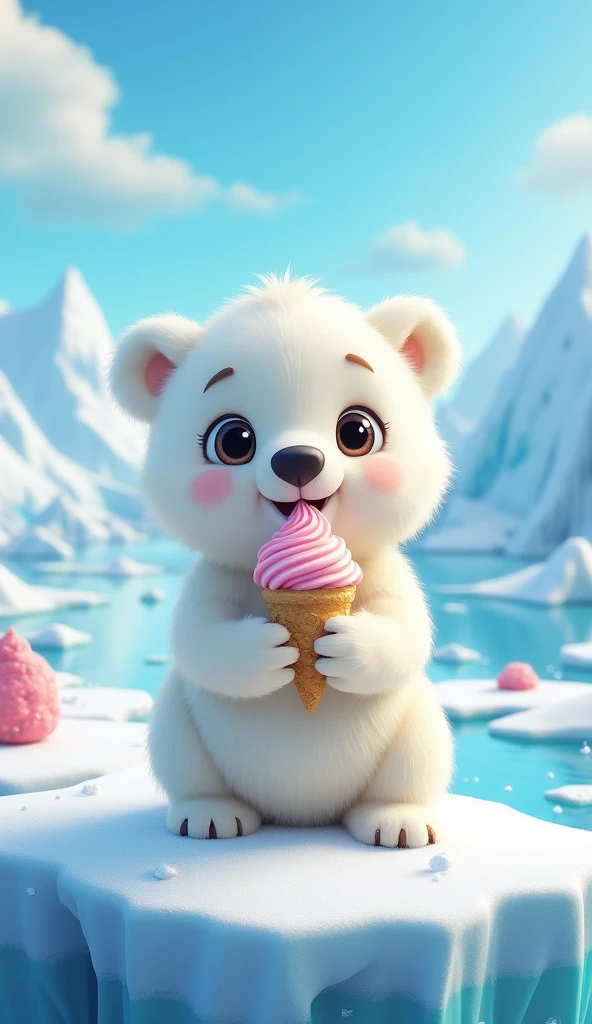 Un ours polaire mignon qui mange une glace version sur la banquise version animé 
