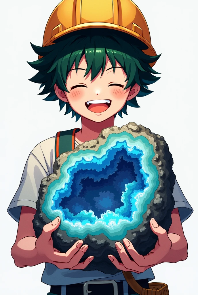 My hero academia artsyle, izuku midoriya, holding a massive rock geode in his arms, wearing a construction helmet and a shirt, facing the front, happy expression on his face