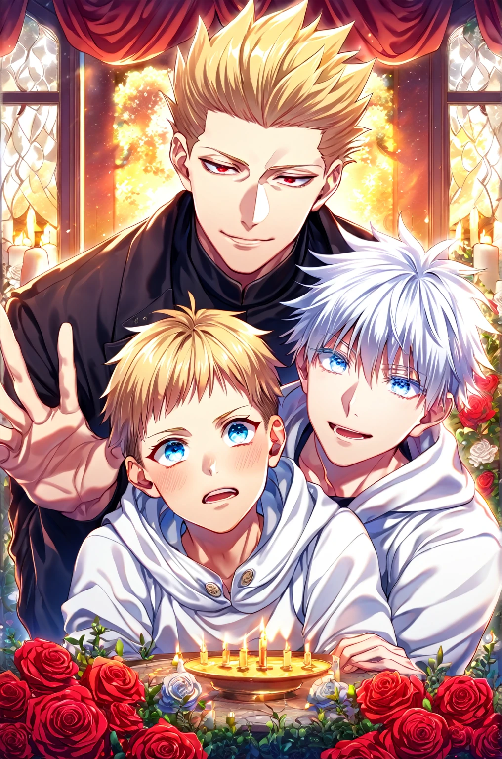 absurdres, highres, ultra detailed, HDR, master piece, best quality, perfect face, detailed eyes, detailed face, Gilgamesh, blonde hair, expressive red eyes, Fate Stay Night, Gojou Satoru, white hair, expressive blue eyes, 1 adult man and  1 kid, together, handsome, yaoi, gay couple, black coat, white hoodie, room, window, red curtains, red roses, candles, night, garden, Jujutsu Kaisen