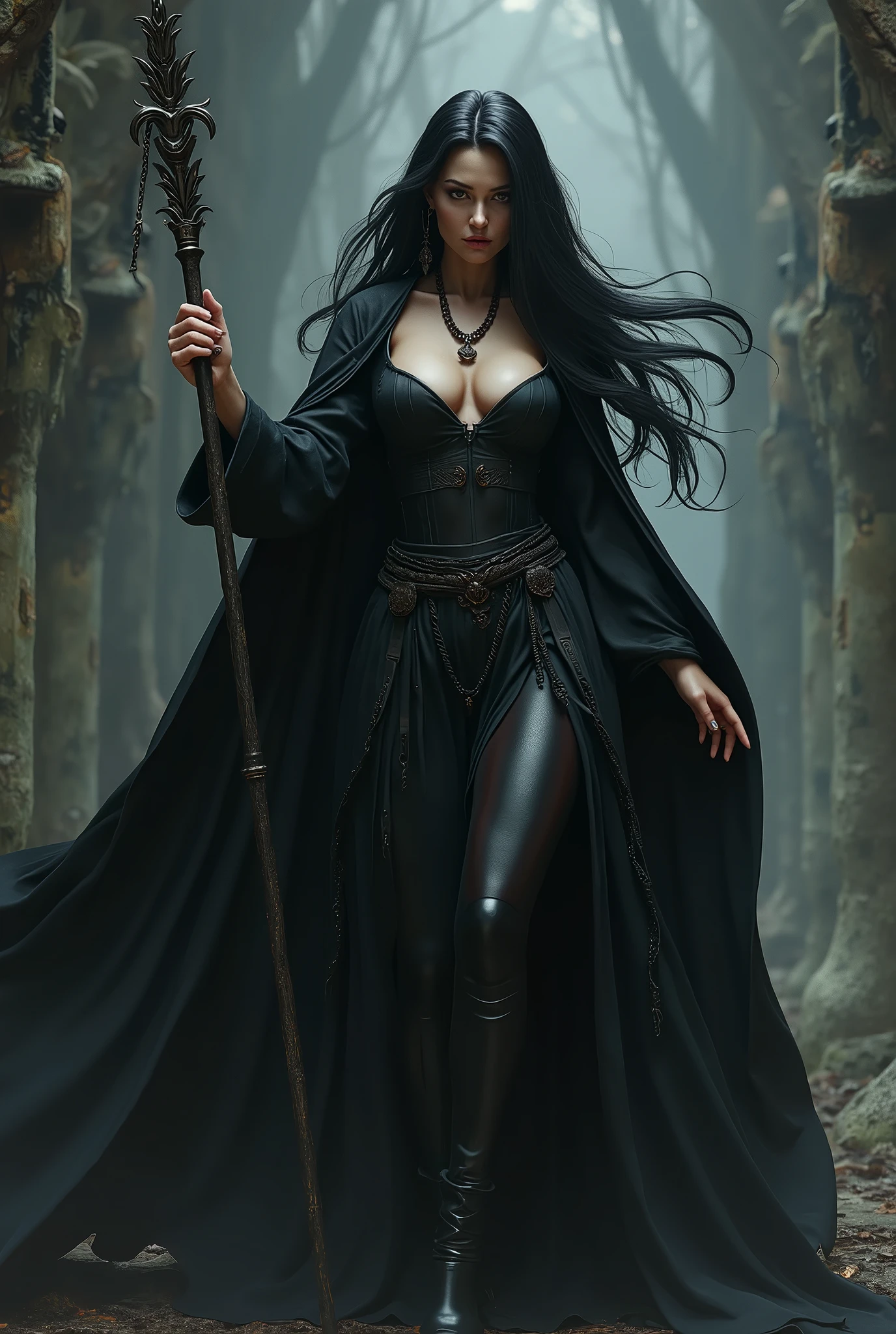(masterpiece, photorealistic:1.4, extremely intricate:1.3), (photon mapping, radiosity, physically based rendering, ultra resolution, hyper-realistic, photorealistic:1.4, hyper-realistic, 8K), (((glossblack hair, buxom Sylph, large breasts))) purple black sorceress, staff raised, shadow power