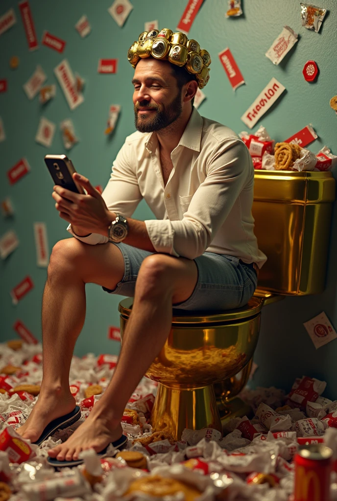 Concept: A person sitting on a gold-plated toilet, surrounded by an excess of fast food wrappers, with a crown made of soda cans. They’re holding a smartphone in one hand and a fork dripping with sauce in the other, looking content but utterly disconnected.